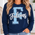 Woman wearing navy Falcons gingham Long Sleeve Shirt