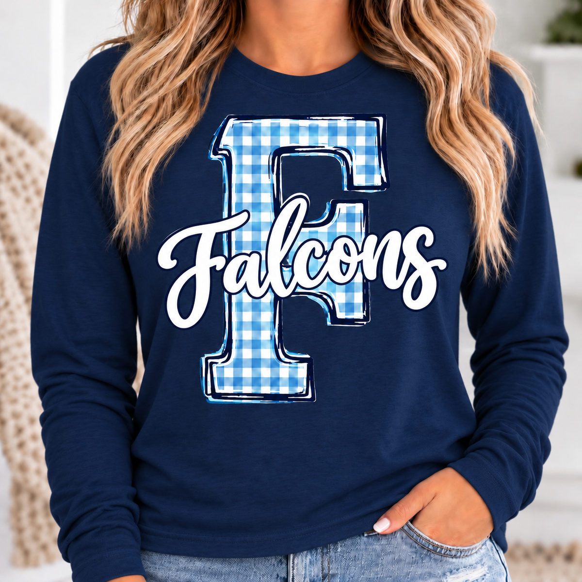 Woman wearing navy Falcons gingham Long Sleeve Shirt
