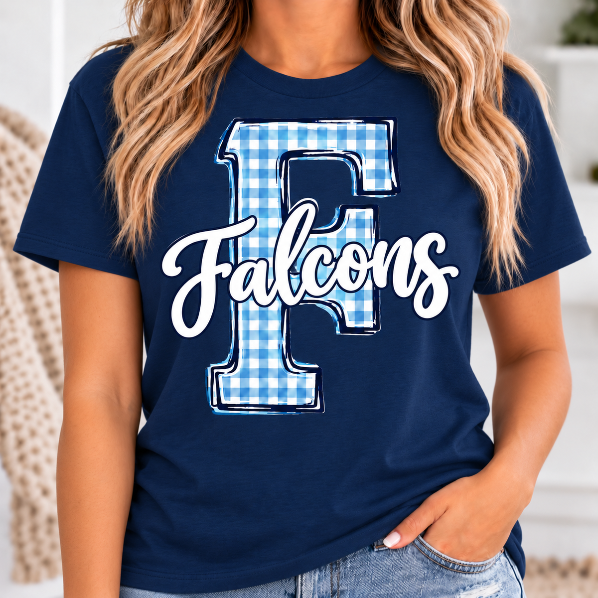 Woman wearing navy Falcons gingham T-Shirt