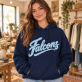 Navy Falcons script hoodie modeled by woman in boutique