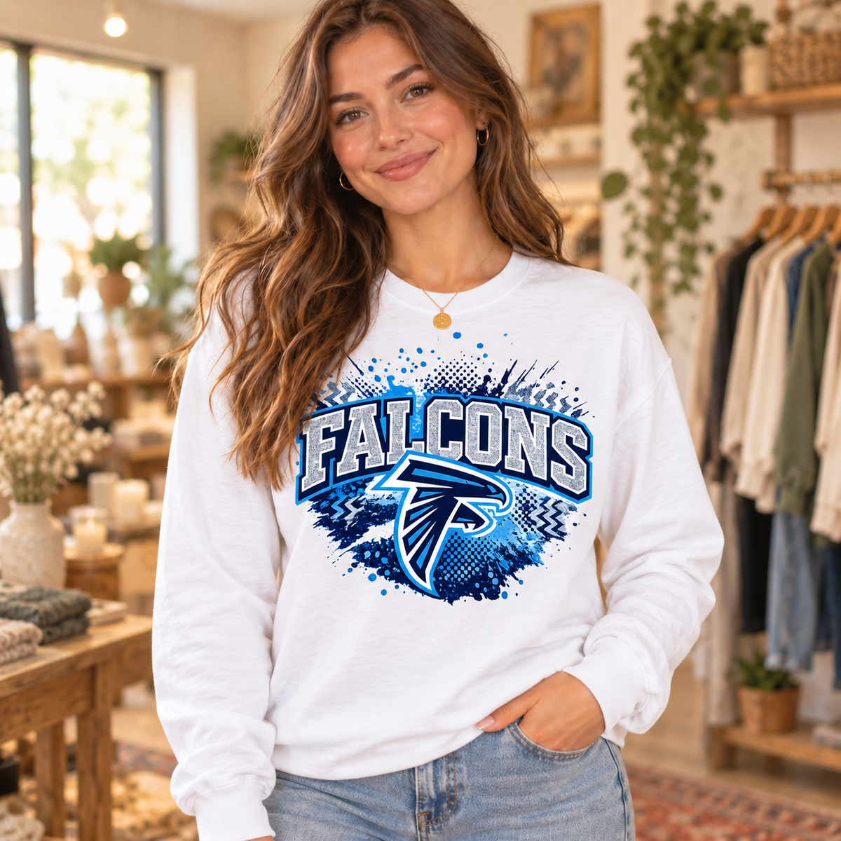 Model wearing Falcons Blue Splatter White Long Sleeve
