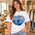 Model wearing Falcons Blue Splatter White T Shirt