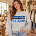 Model wearing gray Falcons two stripe crewneck
