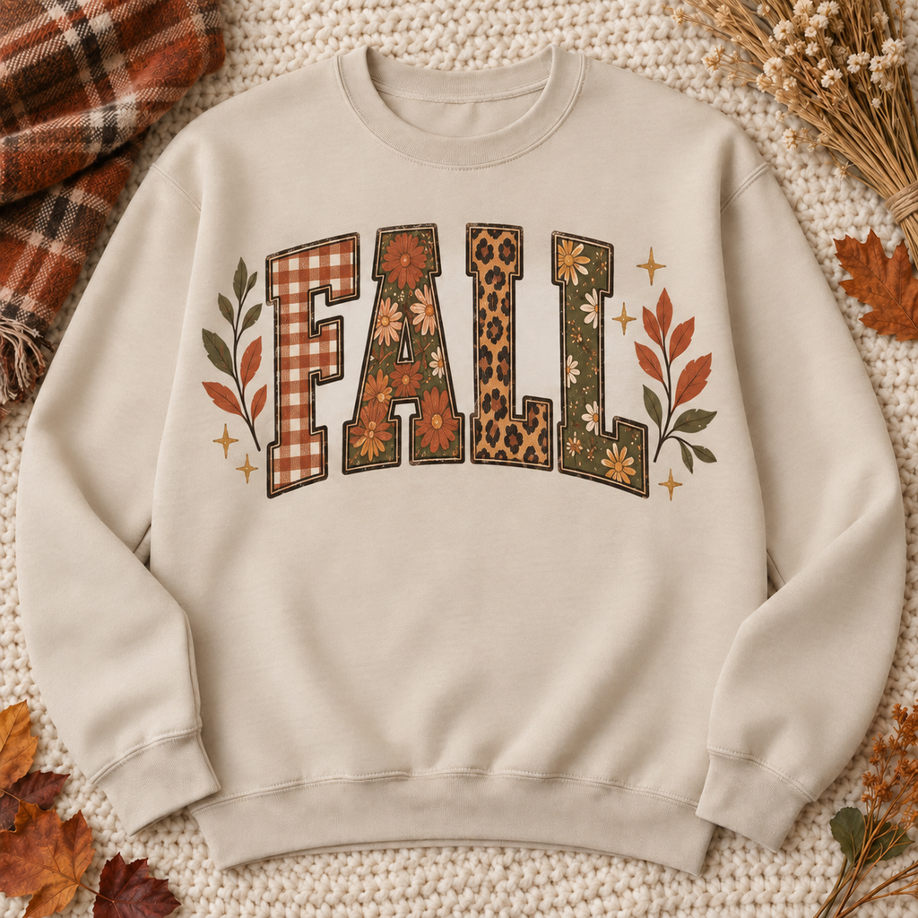 Fall Patchwork Sand crewneck sweatshirt flat mockup