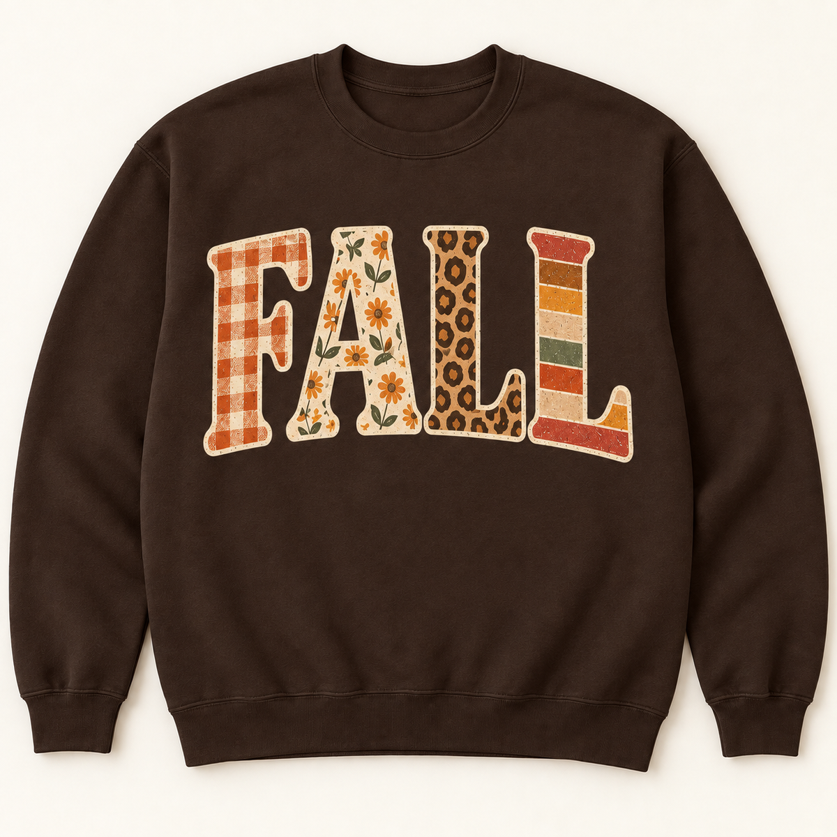 Dark Chocolate crewneck with patterned FALL lettering