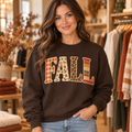 Woman wearing Dark Chocolate patterned FALL crewneck