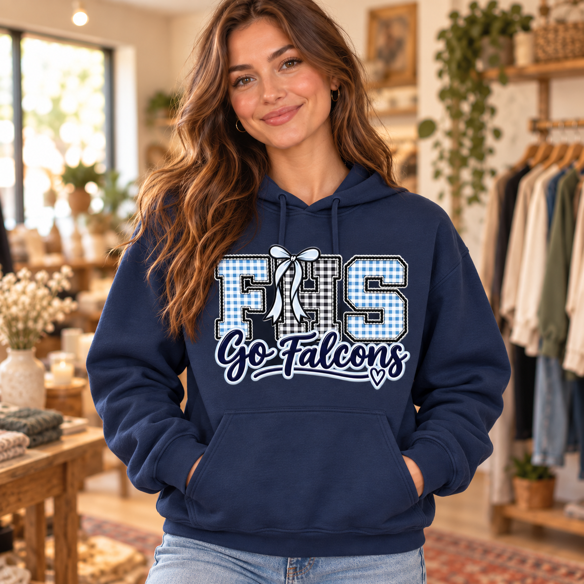 Model wearing Navy FHS Go Falcons hoodie