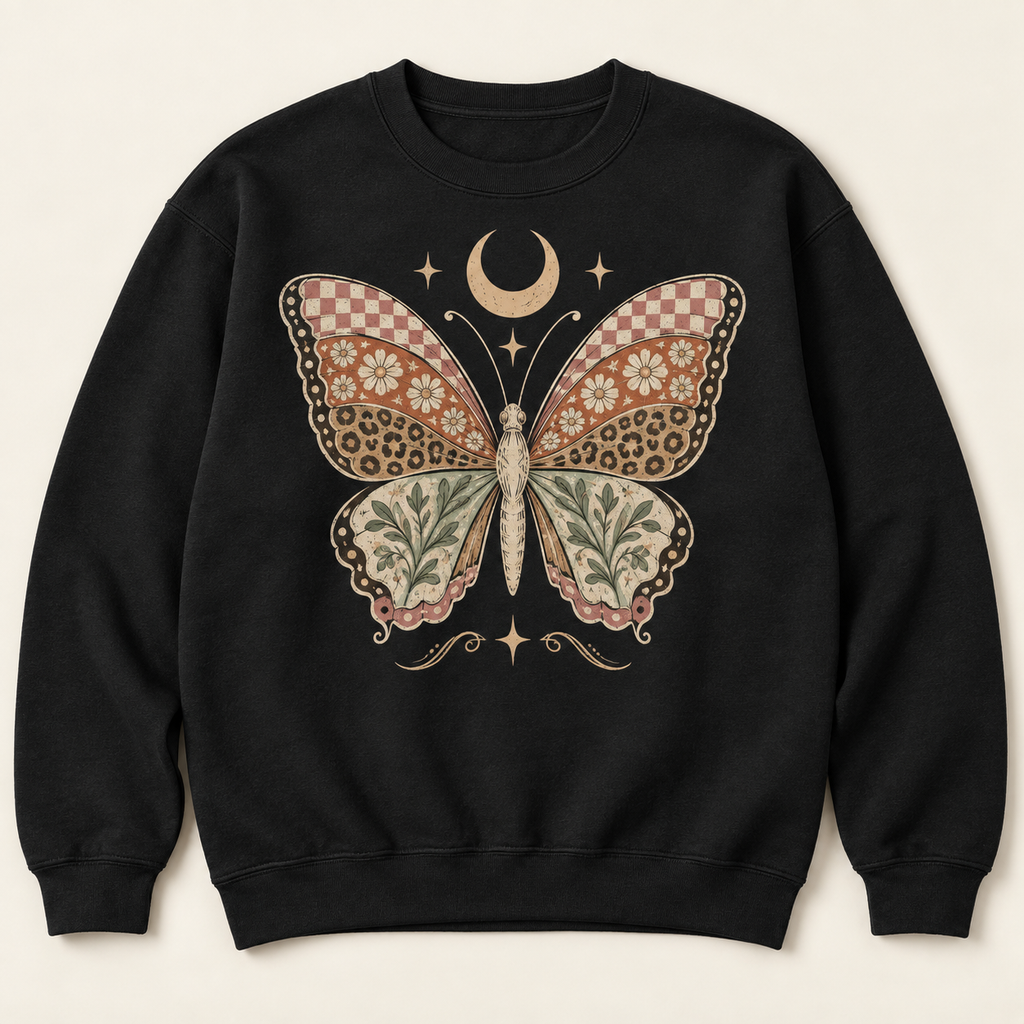Black crewneck with folk-art butterfly graphic