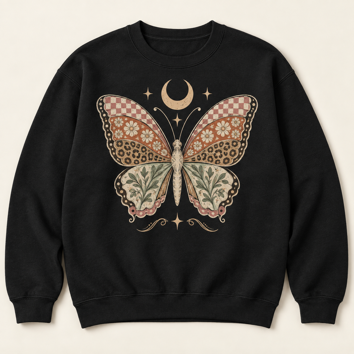 Black crewneck with folk-art butterfly graphic