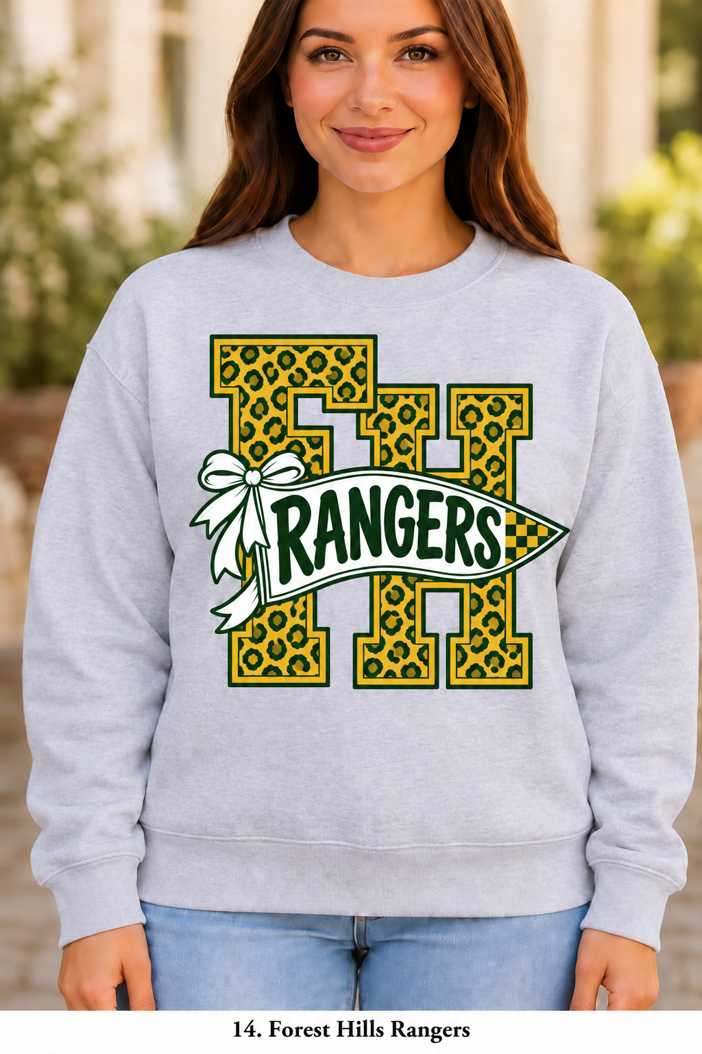 Forest Hills Rangers Cheetah Pennant Bow Sport Gray Crewneck