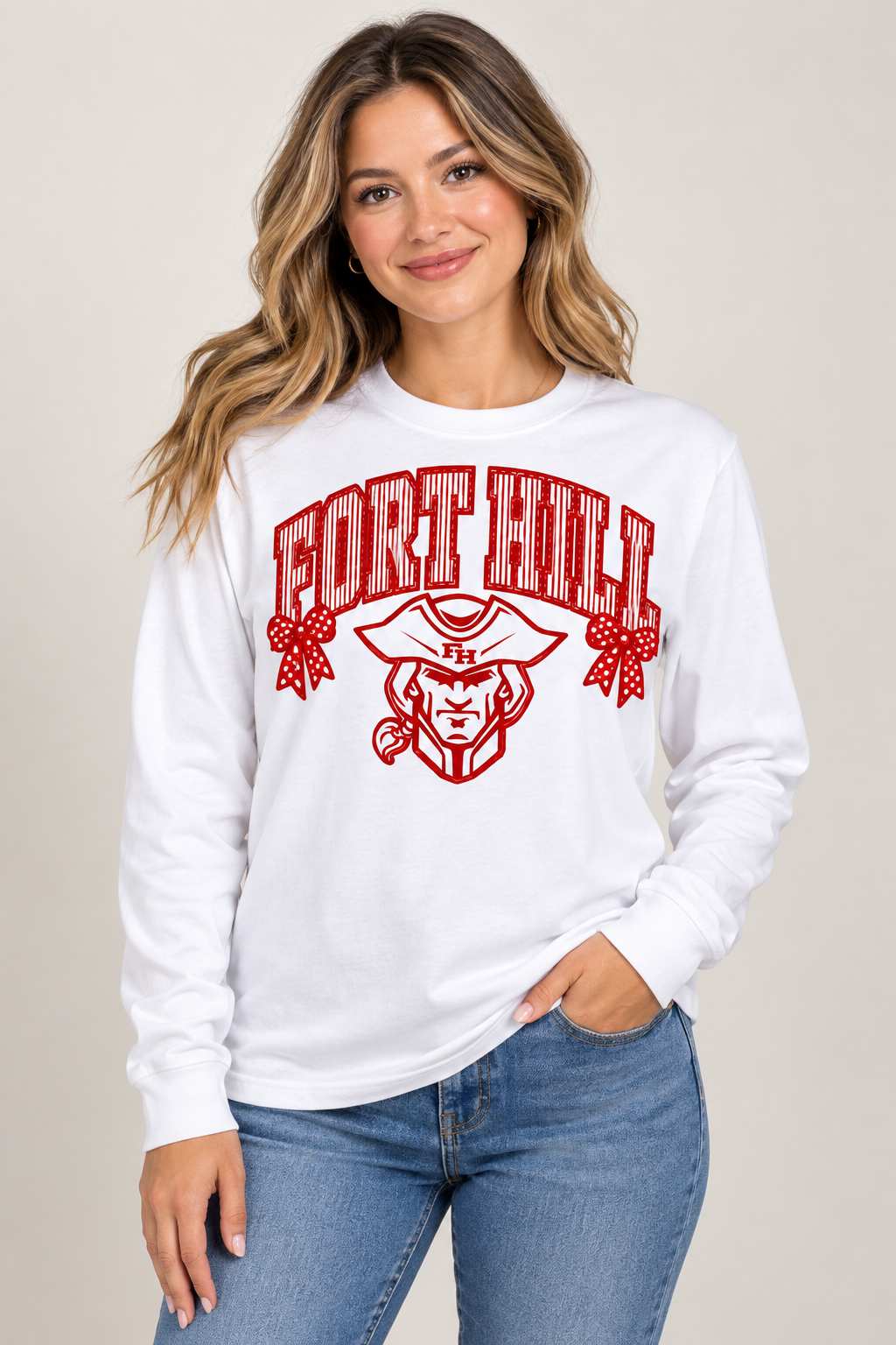 Woman modeling Fort Hill bow graphic white long sleeve shirt