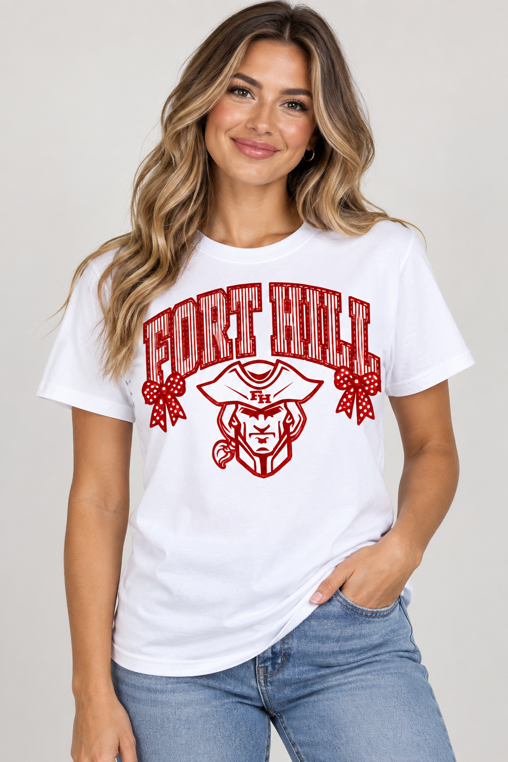 Woman modeling Fort Hill bow graphic white short sleeve shirt