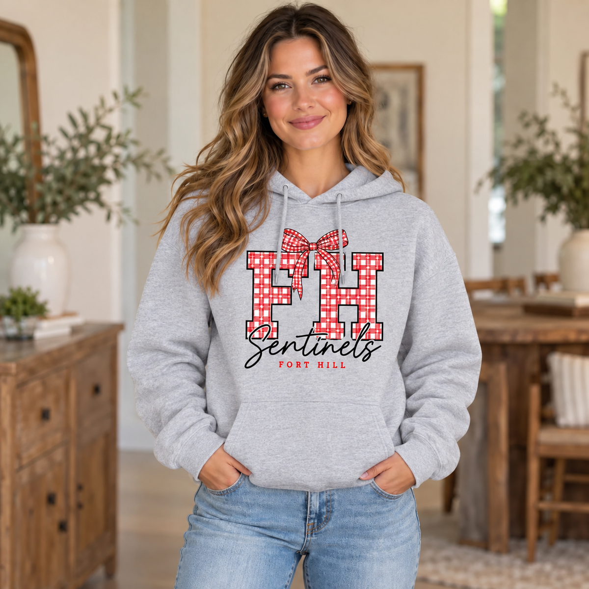 Fort Hill Sentinels gray gingham hoodie