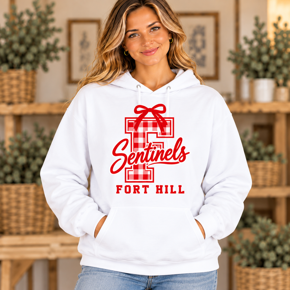 Fort Hill Sentinels Gingham F Bow White Hoodie