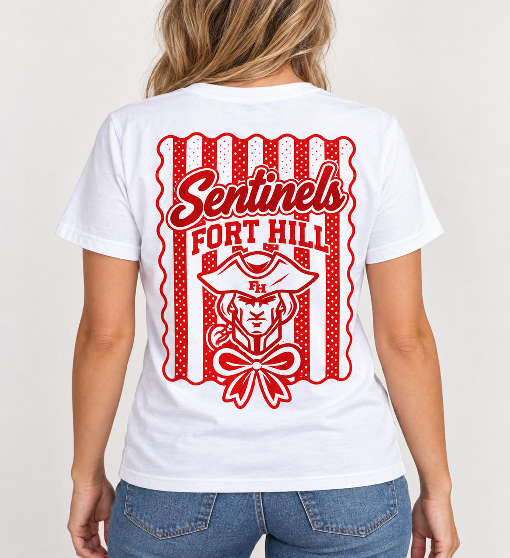 Woman modeling white Fort Hill Sentinels shirt back
