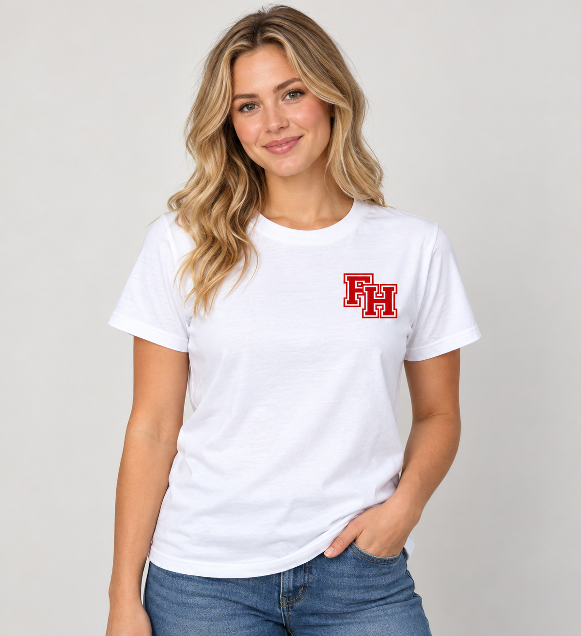 Woman modeling white Fort Hill FH shirt front