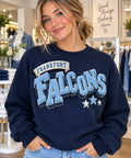 Frankfort Falcons dimensional lettering and three stars on a navy crewneck