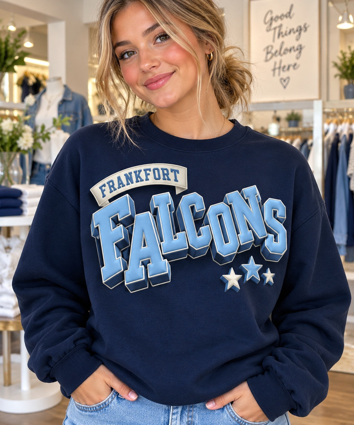 Frankfort Falcons dimensional lettering and three stars on a navy crewneck