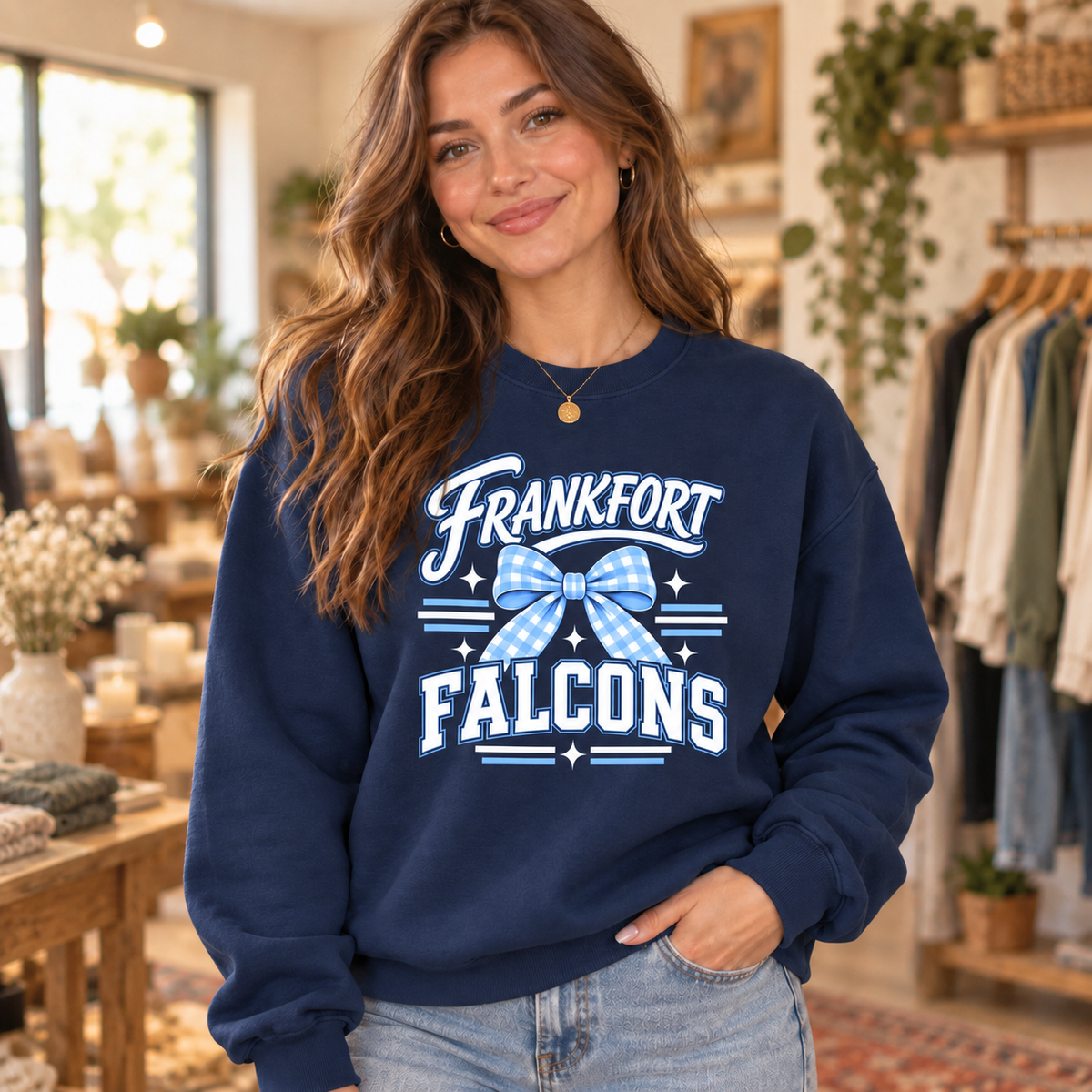 Model wearing navy Frankfort Falcons blue gingham bow crewneck