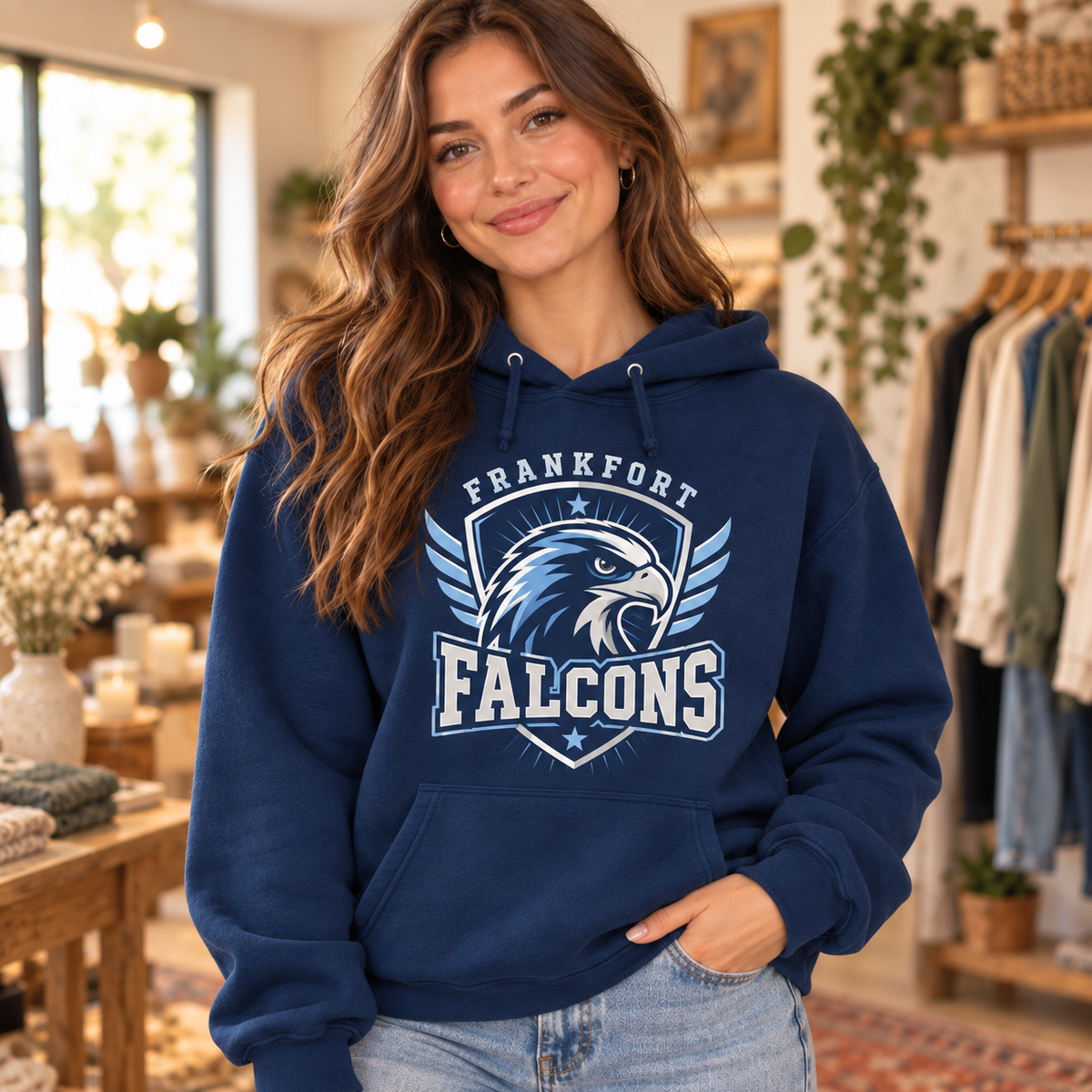 Brunette woman modeling the navy Frankfort Falcons crest hoodie