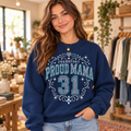 Model wearing navy Frankfort Proud Mama crewneck with example number 31