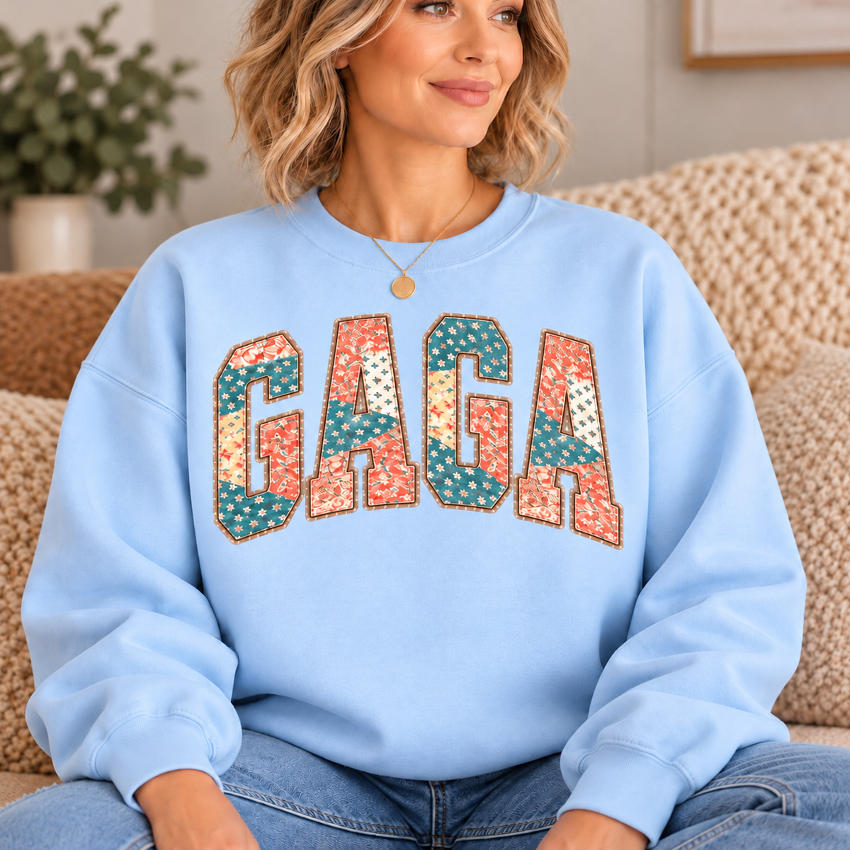 GAGA Light Blue Floral Patchwork Crewneck