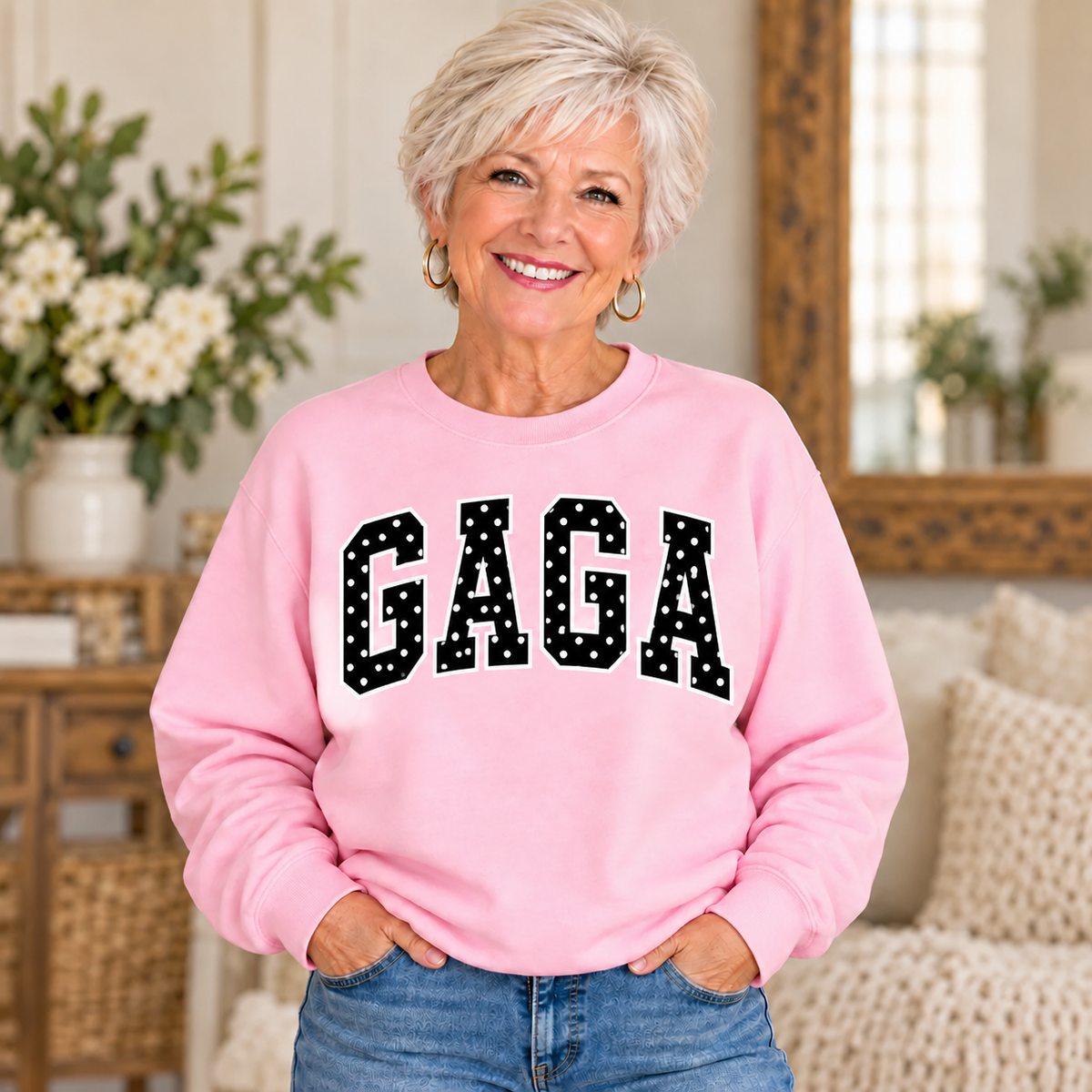 GAGA Pink Polka Dot Crewneck on older woman