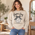 Volleyball Game Day Bow Crewneck in Sand on woman model