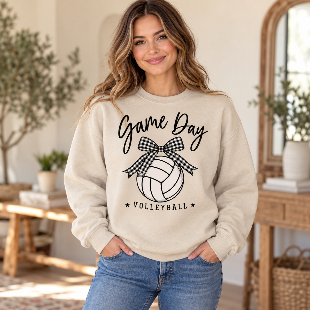 Volleyball Game Day Bow Crewneck in Sand on woman model