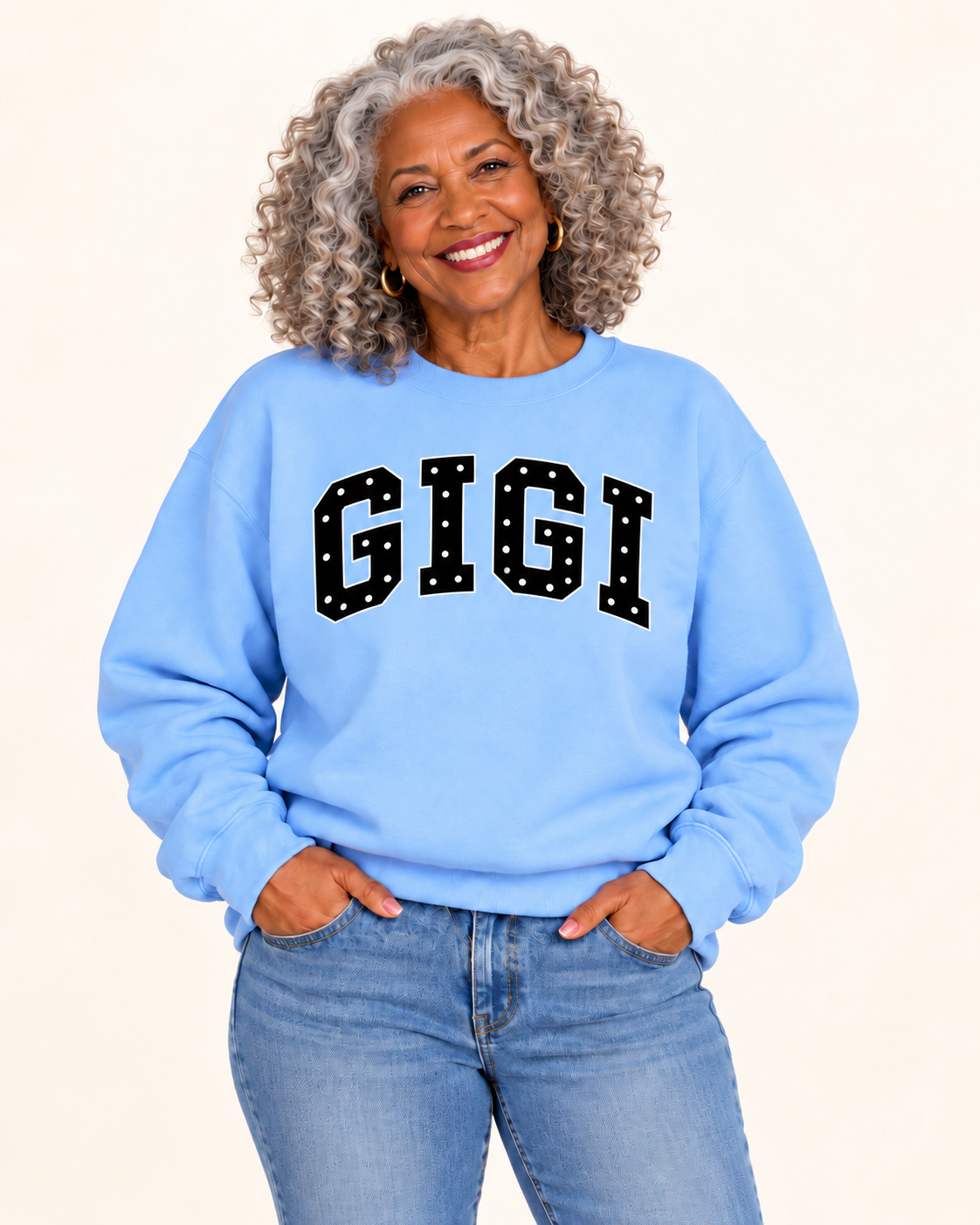 GIGI Light Blue Polka Dot Crewneck on older Black woman