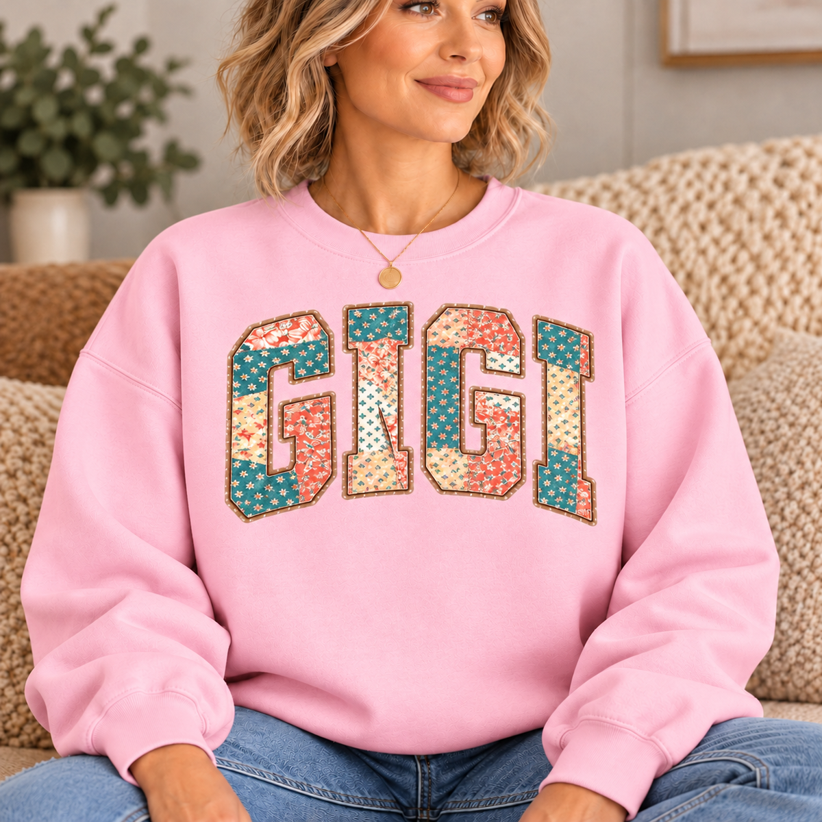 GIGI Pink Floral Patchwork Crewneck