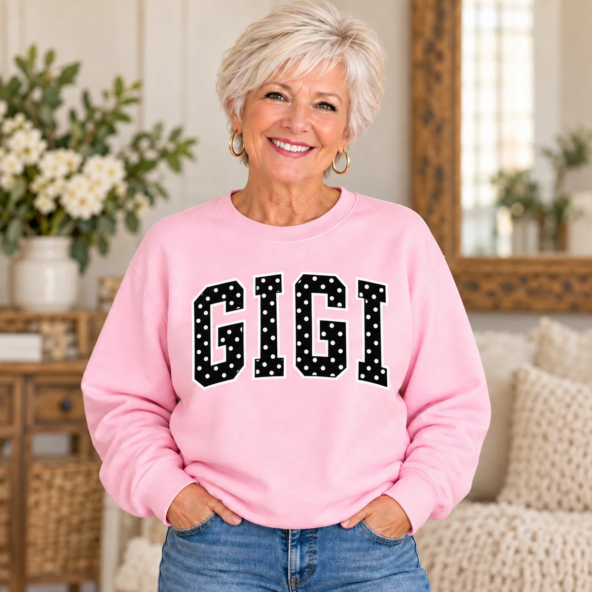 GIGI Pink Polka Dot Crewneck on older woman