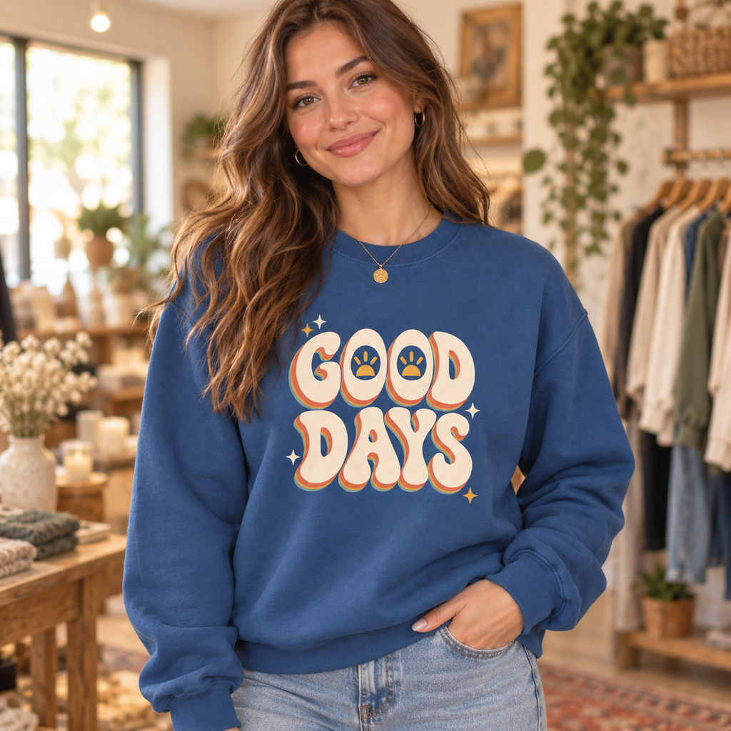 Woman wearing Indigo Blue GOOD DAYS crewneck