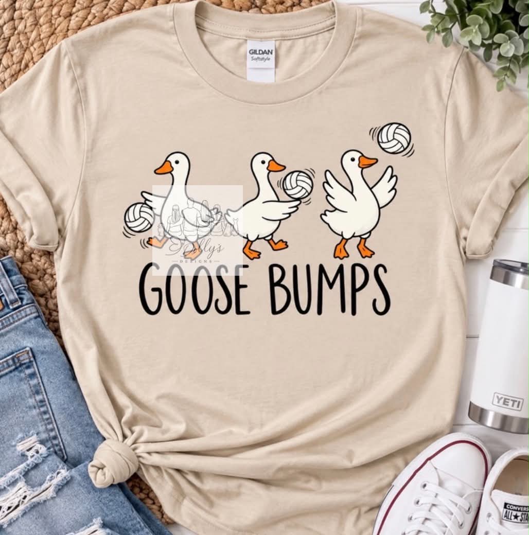 Goose Bumps volleyball geese design on a cream T-shirt