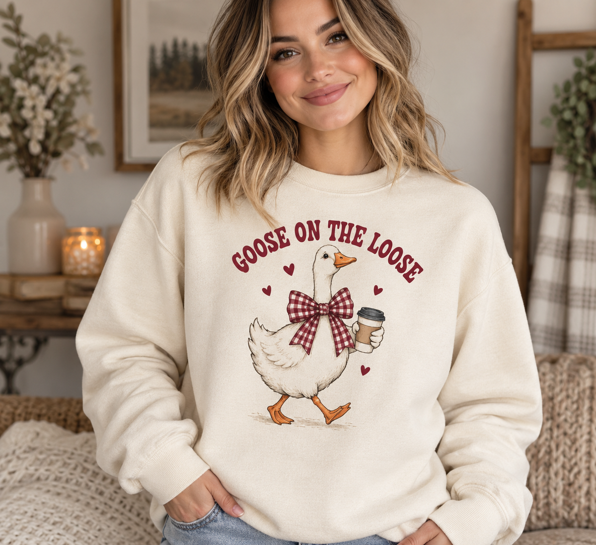 Goose on the Loose cream crewneck girl mockup