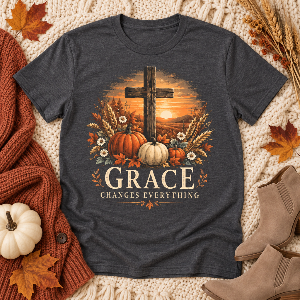 Charcoal Grace Changes Everything fall faith graphic tee flat lay