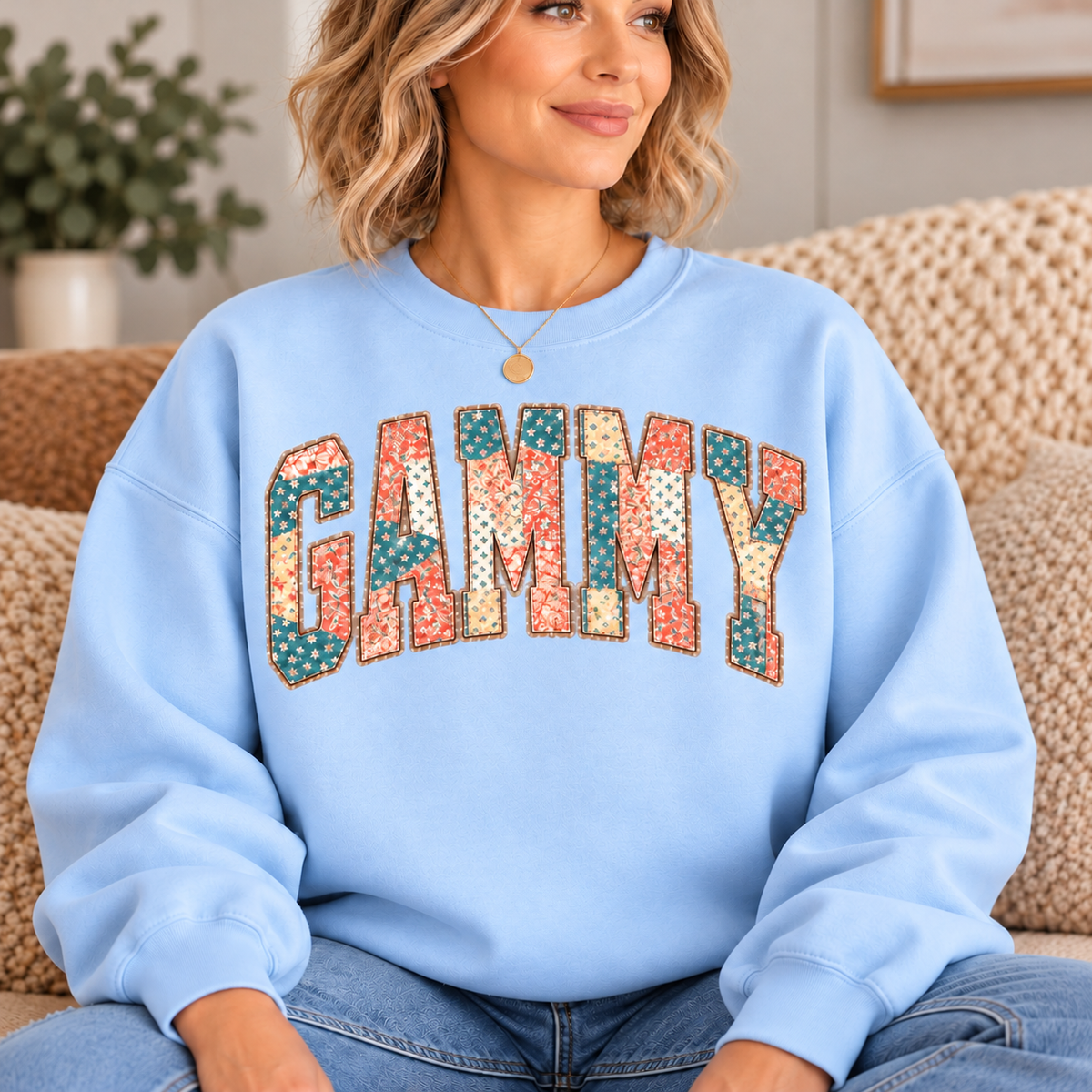 GRAMMY Light Blue Floral Patchwork Crewneck