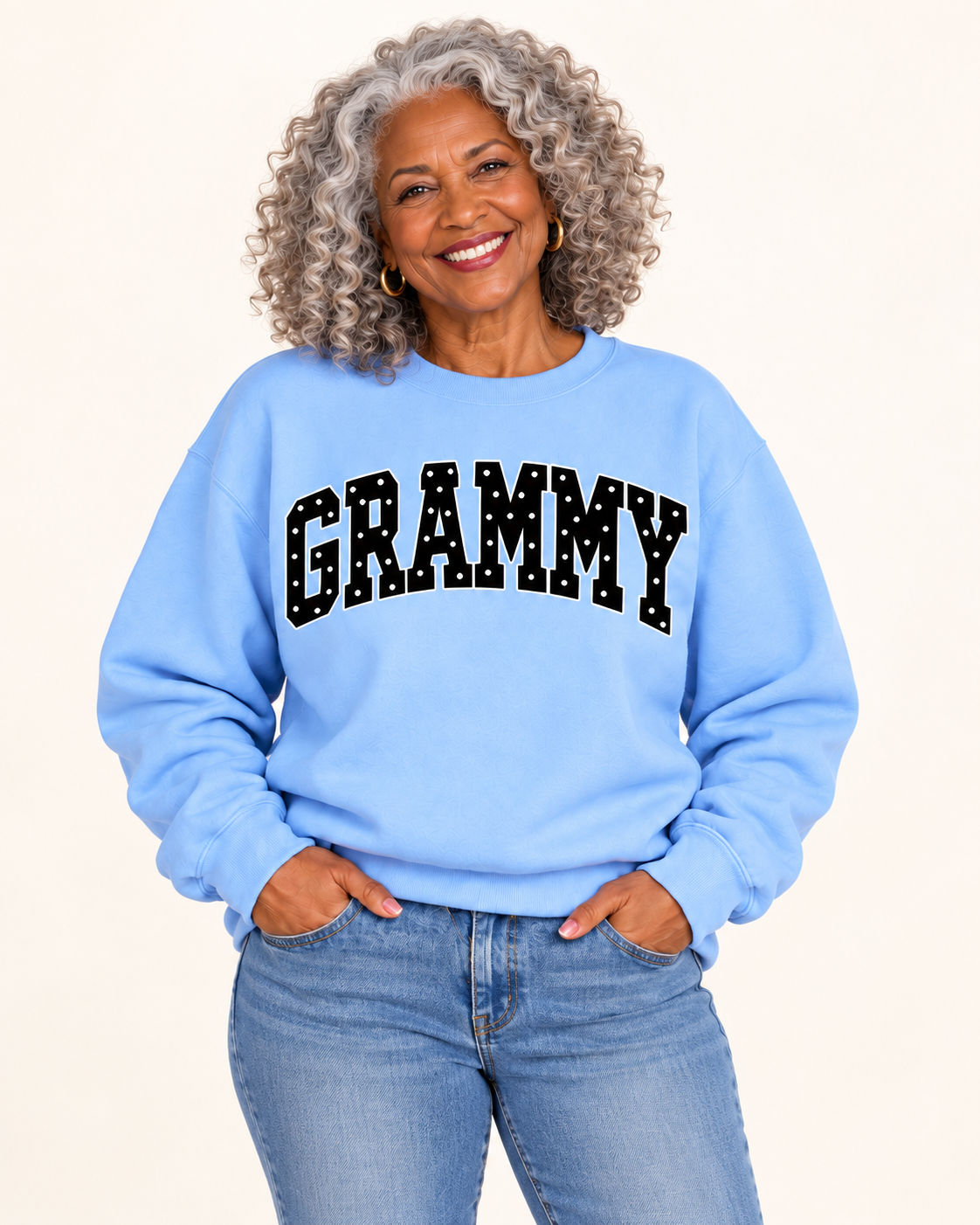 GRAMMY Light Blue Polka Dot Crewneck on older Black woman