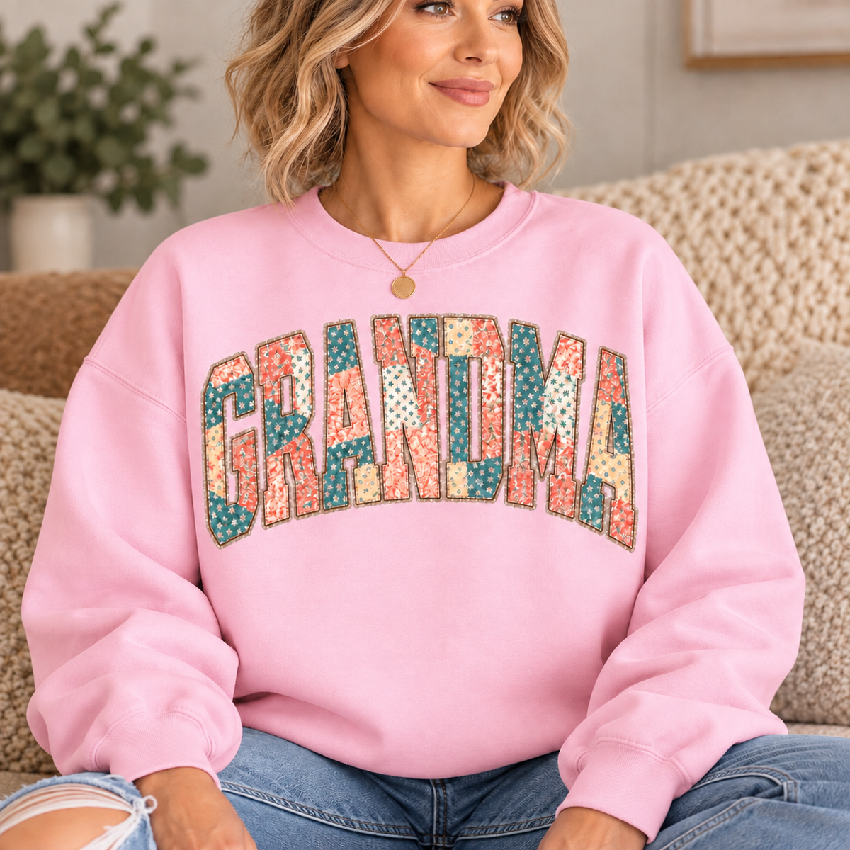 GRANDMA Pink Floral Patchwork Crewneck
