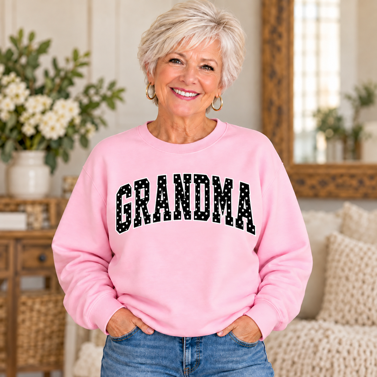 GRANDMA Pink Polka Dot Crewneck on older woman