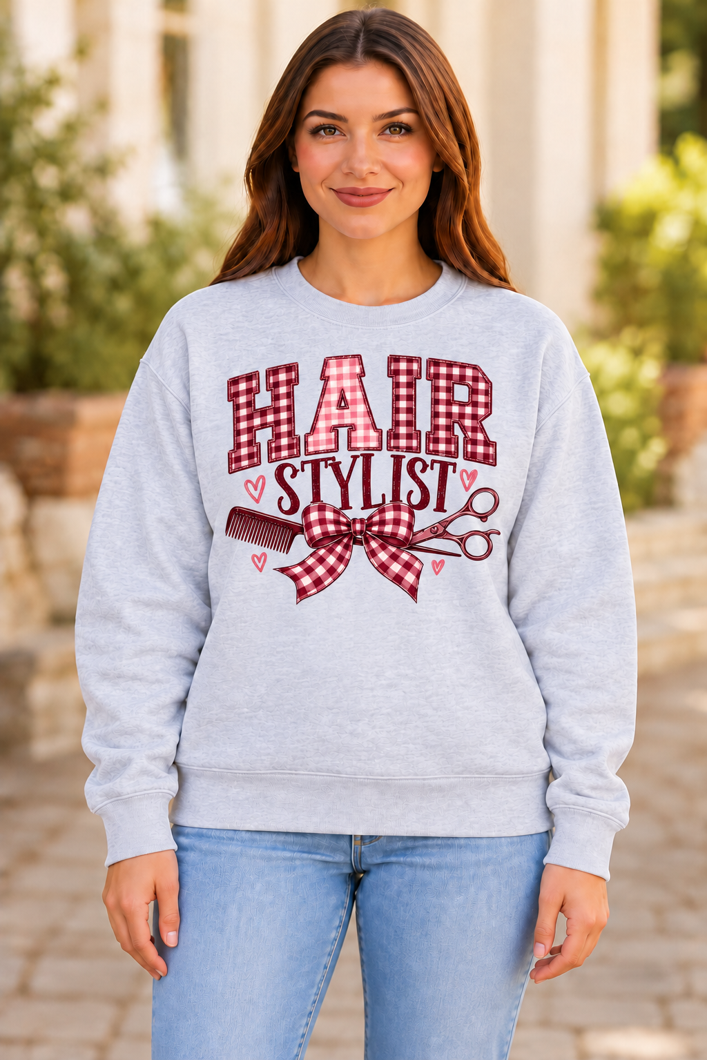Hair Stylist Burgundy Gingham sport gray crewneck