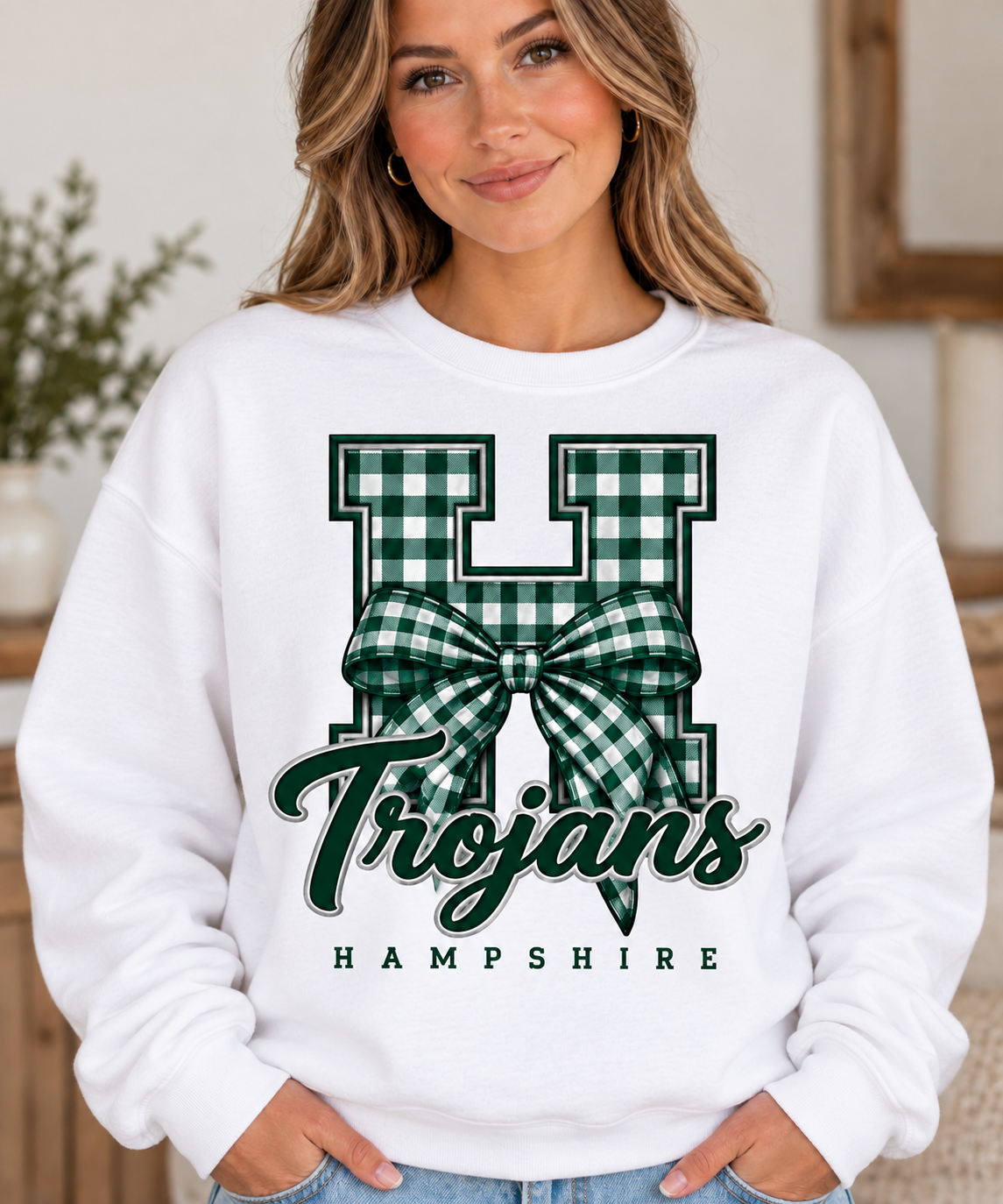 Hampshire Trojans Gingham H Bow White Crewneck