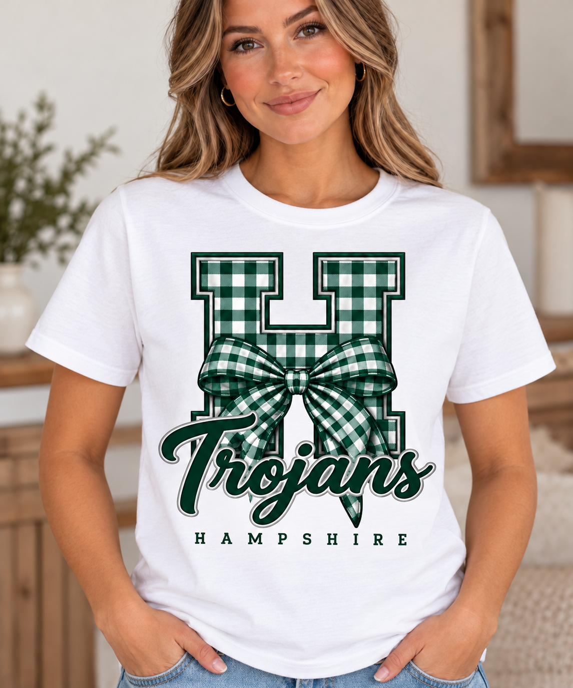 Hampshire Trojans Gingham H Bow White T-Shirt