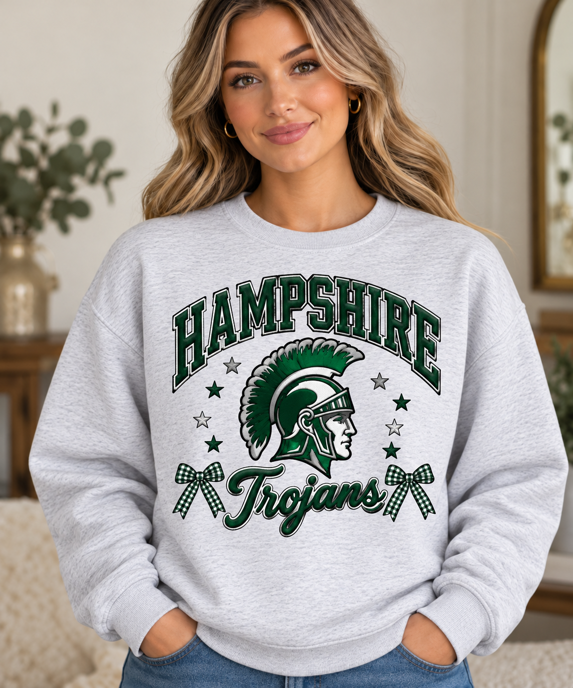 Hampshire Trojans Trojan Helmet Bows Ash Gray Crewneck