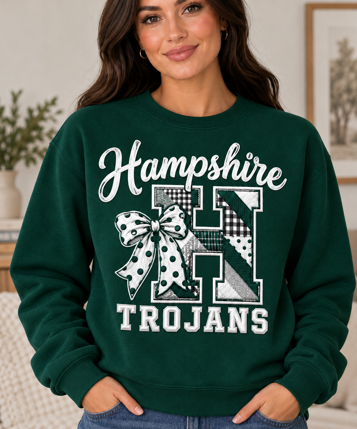 Hampshire Trojans Patchwork H Polka Dot Bow Forest Green Crewneck