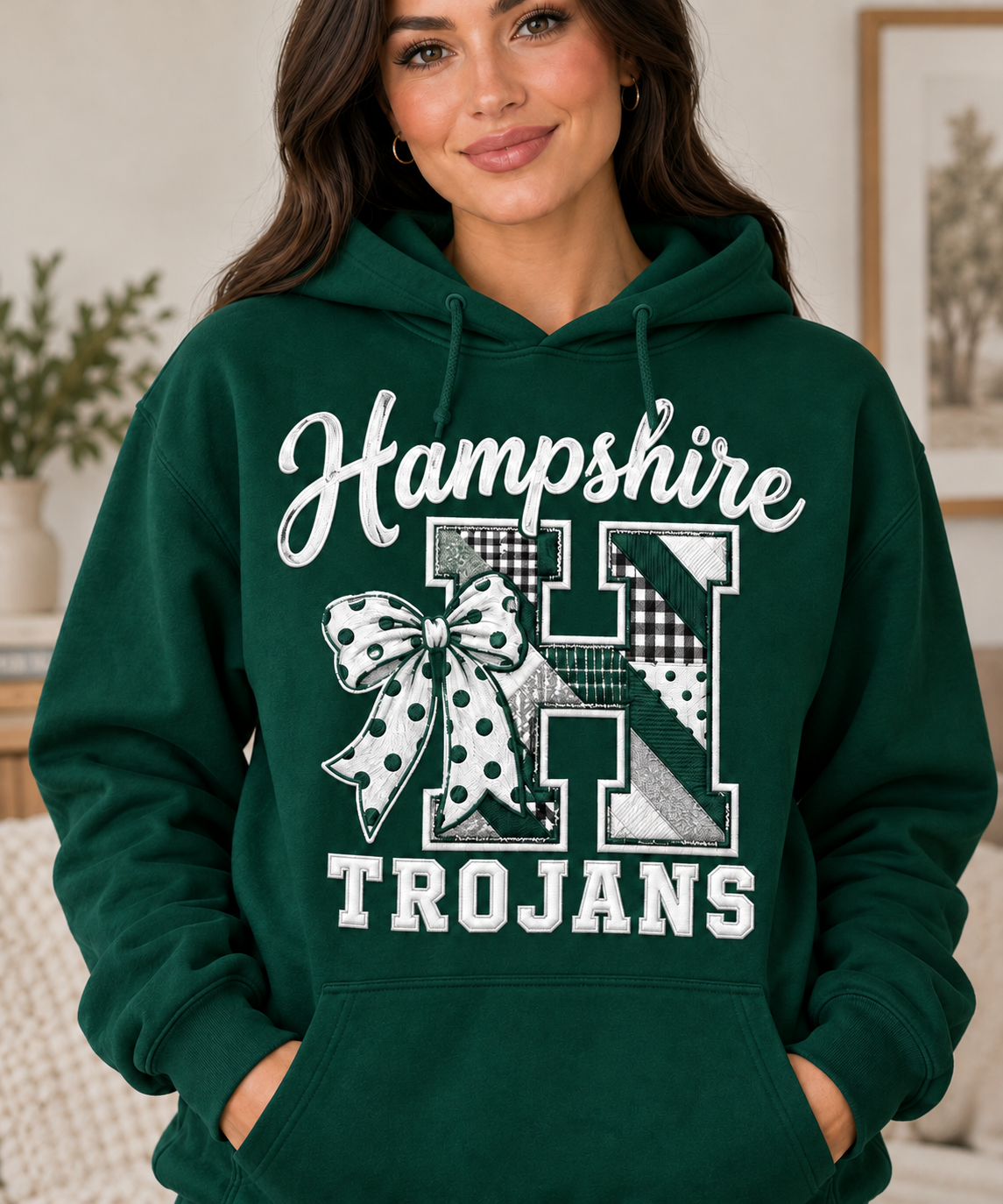 Hampshire Trojans Patchwork H Polka Dot Bow Forest Green Hoodie
