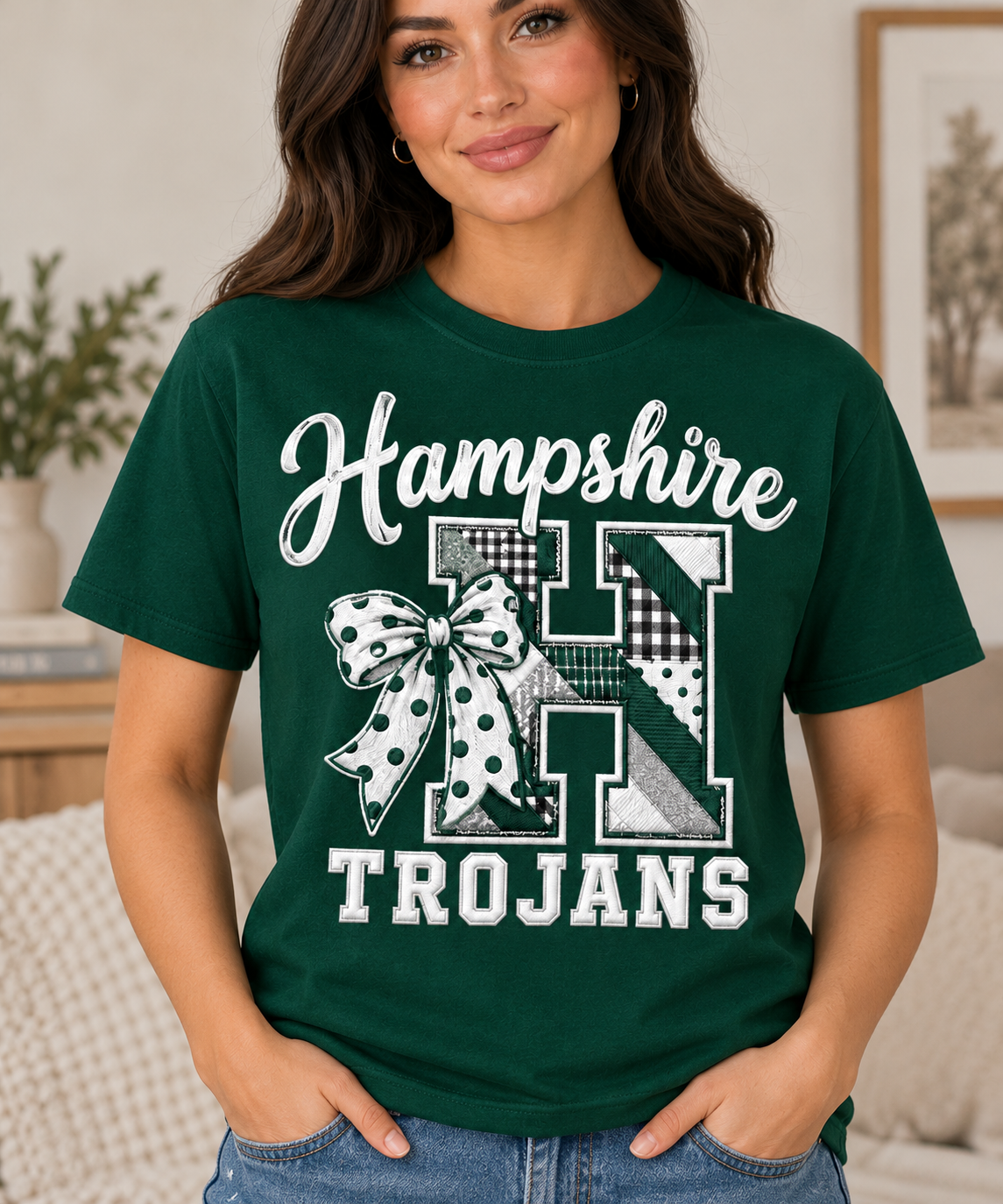 Hampshire Trojans Patchwork H Polka Dot Bow Forest Green T-Shirt
