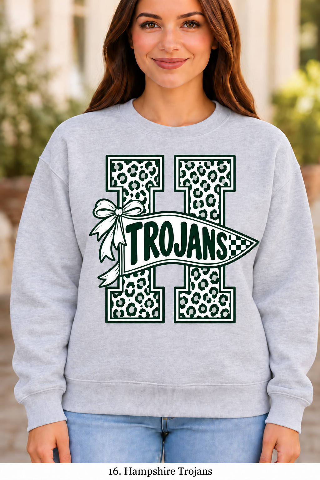 Hampshire Trojans Cheetah Pennant Bow Sport Gray Crewneck
