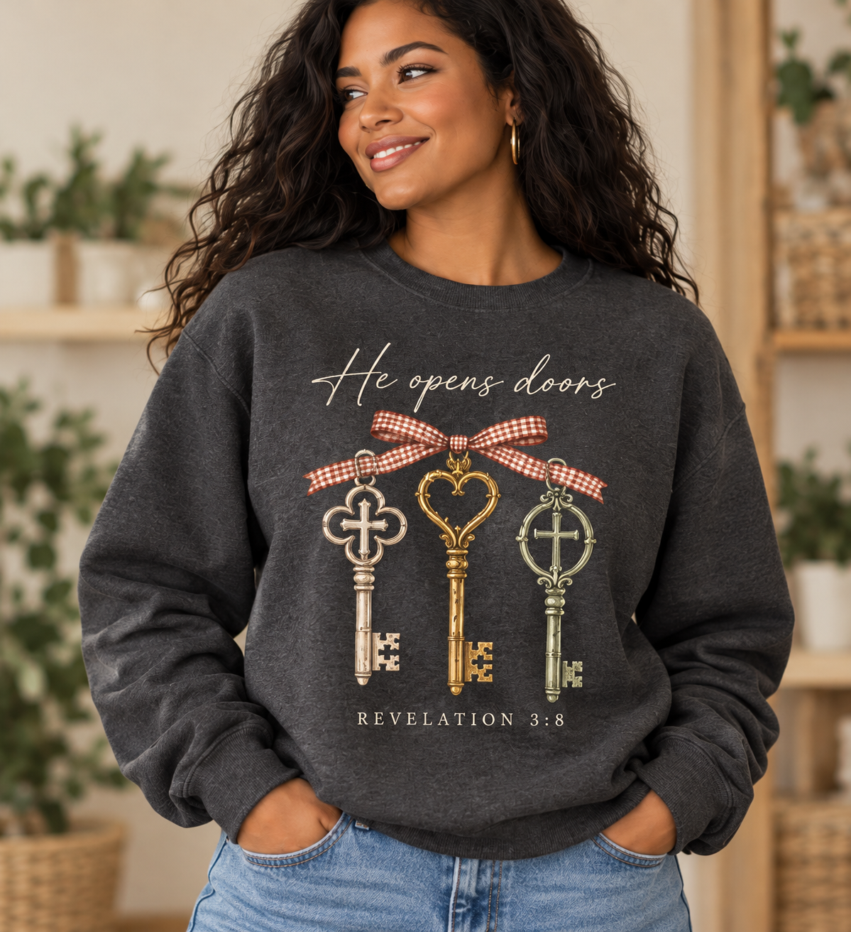 He Opens Doors Vintage Keys Heather Charcoal Crewneck