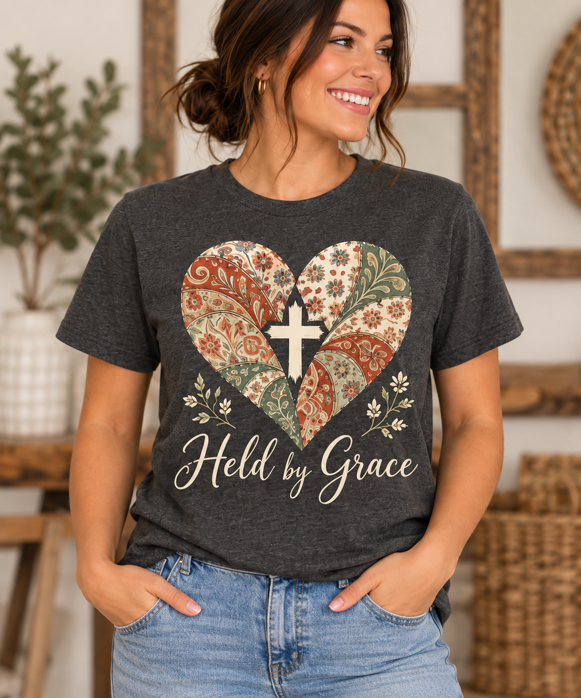 Held by Grace Paisley Heart Heather Charcoal T-Shirt
